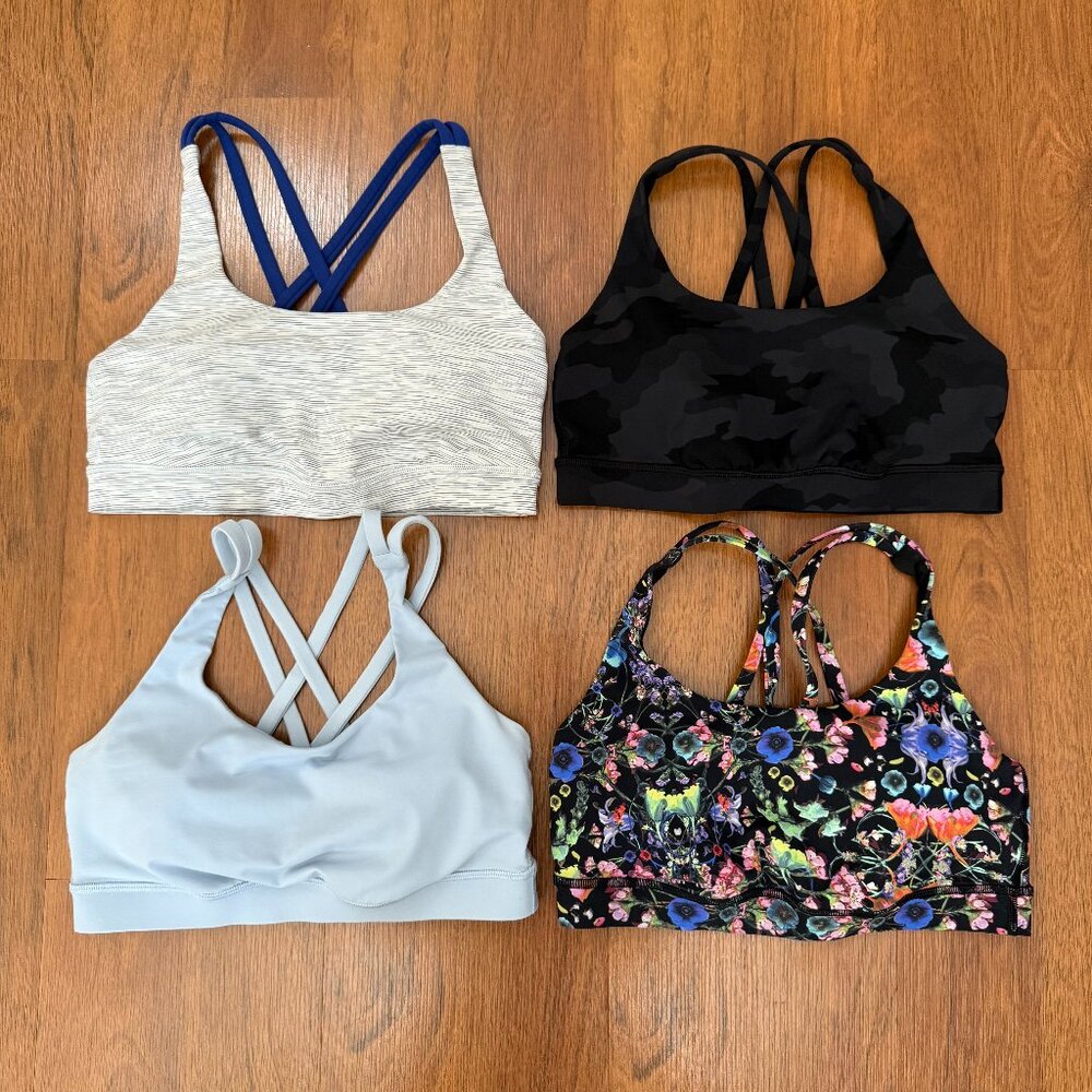 Lululemon Energy Sports Bra Size 6 Lot of 4 Black Blue Stripe Print White Gray